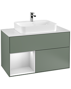 Villeroy und Boch Finion Villeroy und Boch F361MTGM 100cm, plaque de recouvrement blanc mat, étagère gauche laqué blanc mat, Olive Matt Lacquer