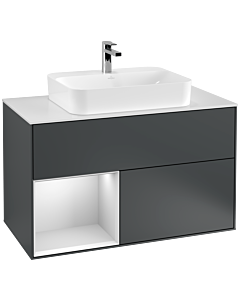 Villeroy und Boch Finion Waschtischunterschrank F361MTHG 100cm, Abdeckplatte white matt, Regal links White matt lacquer, Midnight Blue Matt Lacquer