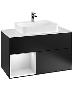 Villeroy und Boch Finion Villeroy und Boch F361MTPD 100cm, plaque de recouvrement blanc mat, étagère gauche laqué blanc mat, laqué noir mat