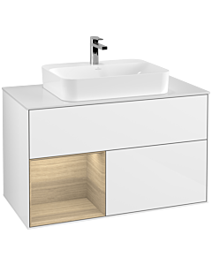 Villeroy und Boch Finion Villeroy und Boch F361PCGF 100cm, plaque de finition blanc mat, étagère à gauche Oak Veneer , laqué blanc brillant