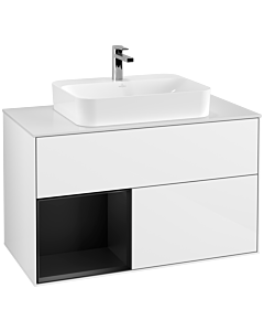 Villeroy und Boch Finion Waschtischunterschrank F361PDGF 100cm, Abdeckplatte white matt, Regal links Black matt lacquer, Glossy white lacquer