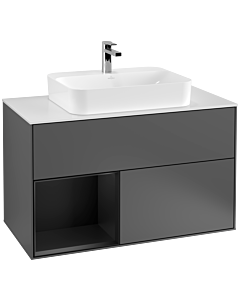 Villeroy und Boch Finion Waschtischunterschrank F361PDGK 100cm, Abdeckplatte white matt, Regal links Black matt lacquer, Anthracite matt