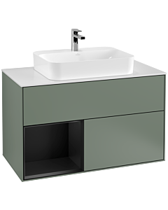 Villeroy und Boch Finion Waschtischunterschrank F361PDGM 100cm, Abdeckplatte white matt, Regal links Black matt lacquer, Olive Matt Lacquer