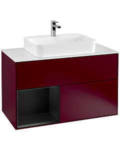 Villeroy und Boch Finion Waschtischunterschrank F361PDHB 100cm, Abdeckplatte white matt, Regal links Black matt lacquer, Peony Matt