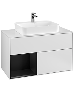 Villeroy und Boch Finion Waschtischunterschrank F361PDMT 100cm, Abdeckplatte white matt, Regal links Black matt lacquer, White matt lacquer
