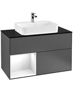 Villeroy und Boch Finion Waschtischunterschrank F362GFGK 100cm, Abdeckplatte black matt, Regal links Glossy white lacquer, Anthracite matt