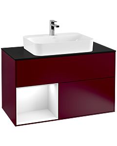 Villeroy und Boch Finion Waschtischunterschrank F362GFHB 100cm, Abdeckplatte black matt, Regal links Glossy white lacquer, Peony Matt