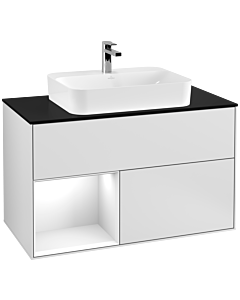 Villeroy und Boch Finion Waschtischunterschrank F362GFMT 100cm, Abdeckplatte black matt, Regal links Glossy white lacquer, White matt lacquer