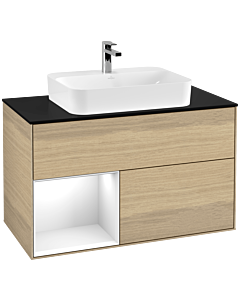 Villeroy und Boch Finion Villeroy und Boch F362GFPC 100cm, plaque de finition noir mat, étagère gauche laqué blanc brillant, Oak Veneer