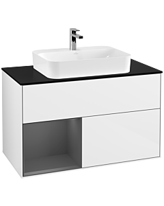 Villeroy und Boch Finion Waschtischunterschrank F362GKGF 100cm, Abdeckplatte black matt, Regal links Anthracite matt, Glossy white lacquer