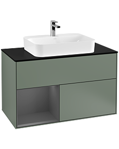 Villeroy und Boch Finion Waschtischunterschrank F362GKGM 100cm, Abdeckplatte black matt, Regal links Anthracite matt, Olive Matt Lacquer