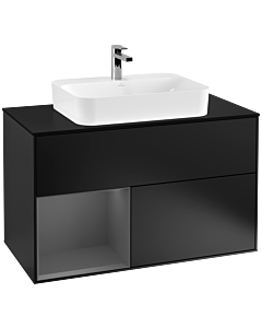 Villeroy und Boch Finion Waschtischunterschrank F362GKPD 100cm, Abdeckplatte black matt, Regal links Anthracite matt, Black matt lacquer