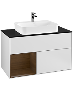 Villeroy und Boch Finion Waschtischunterschrank F362GNMT 100cm, Abdeckplatte black matt, Regal links Walnut veneer, White matt lacquer