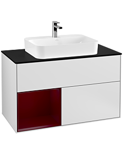 Villeroy und Boch Finion Waschtischunterschrank F362HBMT 100cm, Abdeckplatte black matt, Regal links Peony, White matt lacquer