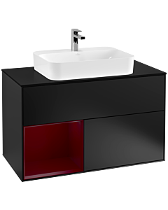Villeroy und Boch Finion Waschtischunterschrank F362HBPD 100cm, Abdeckplatte black matt, Regal links Peony, Black matt lacquer