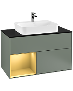 Villeroy und Boch Finion Waschtischunterschrank F362HFGM 100cm, Abdeckplatte black matt, Regal links Gold matt, Olive Matt Lacquer