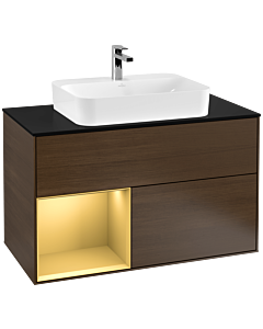 Villeroy und Boch Finion Waschtischunterschrank F362HFGN 100cm, Abdeckplatte black matt, Regal links Gold matt, Walnut veneer