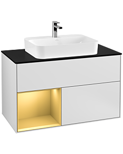 Villeroy und Boch Finion Waschtischunterschrank F362HFMT 100cm, Abdeckplatte black matt, Regal links Gold matt, White matt lacquer