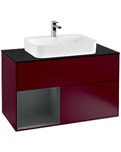 Villeroy und Boch Finion Waschtischunterschrank F362HGHB 100cm, Abdeckplatte black matt, Regal links Midnight Blue Matt Lacquer, Peony Matt