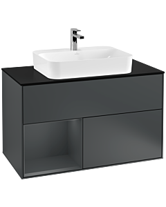 Villeroy und Boch Finion Waschtischunterschrank F362HGHG 100cm, Abdeckplatte black matt, Regal links Midnight Blue Matt Lacquer, Midnight Blue Matt Lacquer