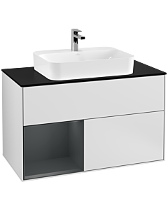 Villeroy und Boch Finion Waschtischunterschrank F362HGMT 100cm, Abdeckplatte black matt, Regal links Midnight Blue Matt Lacquer, White matt lacquer