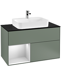 Villeroy und Boch Finion Waschtischunterschrank F362MTGM 100cm, Abdeckplatte black matt, Regal links White matt lacquer, Olive Matt Lacquer