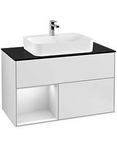 Villeroy und Boch Finion Waschtischunterschrank F362MTMT 100cm, Abdeckplatte black matt, Regal links White matt lacquer, White matt lacquer