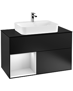 Villeroy und Boch Finion Waschtischunterschrank F362MTPD 100cm, Abdeckplatte black matt, Regal links White matt lacquer, Black matt lacquer