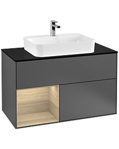 Villeroy und Boch Finion Waschtischunterschrank F362PCGK 100cm, Abdeckplatte black matt, Regal links Oak Veneer, Anthracite matt