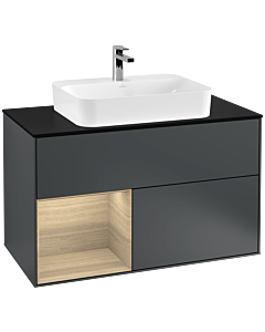 Villeroy und Boch Finion Waschtischunterschrank F362PCHG 100cm, Abdeckplatte black matt, Regal links Oak Veneer, Midnight Blue Matt Lacquer