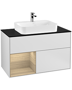 Villeroy und Boch Finion Waschtischunterschrank F362PCMT 100cm, Abdeckplatte black matt, Regal links Oak Veneer, White matt lacquer