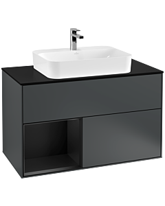 Villeroy und Boch Finion Waschtischunterschrank F362PDHG 100cm, Abdeckplatte black matt, Regal links Black matt lacquer, Midnight Blue Matt Lacquer