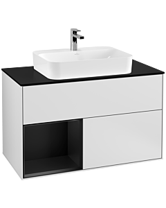 Villeroy und Boch Finion Waschtischunterschrank F362PDMT 100cm, Abdeckplatte black matt, Regal links Black matt lacquer, White matt lacquer
