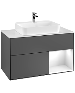 Villeroy und Boch Finion Villeroy und Boch F371GFGK 100cm, plaque de finition blanc mat, étagère à droite laqué blanc brillant, anthracite mat