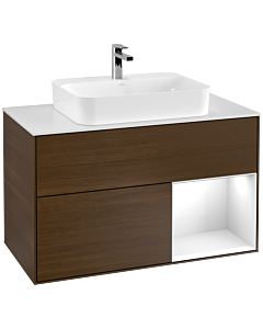 Villeroy und Boch Finion Villeroy und Boch F371GFGN 100cm, plaque de finition blanc mat, étagère à droite laqué blanc brillant, placage noyer