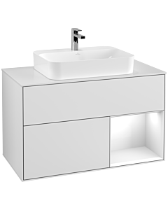 Villeroy und Boch Finion Villeroy und Boch F371GFMT 100cm, plaque de recouvrement blanc mat, étagère à droite laqué blanc brillant, laqué blanc mat