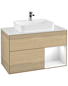 Villeroy und Boch Finion Villeroy und Boch F371GFPC 100cm, plaque de finition blanc mat, étagère à droite Laque blanc brillant, Oak Veneer