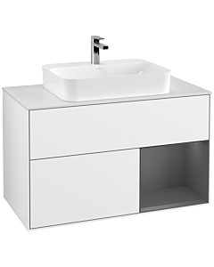 Villeroy und Boch Finion Waschtischunterschrank F371GKGF 100cm, Abdeckplatte white matt, Regal rechts Anthracite matt, Glossy white lacquer