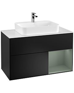Villeroy und Boch Finion Waschtischunterschrank F371GMPD 100cm, Abdeckplatte white matt, Regal rechts Olive Matt Lacquer, Black matt lacquer