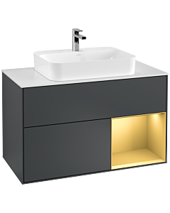 Villeroy und Boch Finion Villeroy und Boch F371HFHG 100cm, plaque de recouvrement blanc mat, étagère droite or mat, Midnight Blue Matt Lacquer