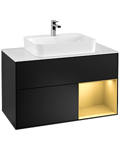 Villeroy und Boch Finion Villeroy und Boch F371HFPD 100cm, plaque de recouvrement blanc mat, étagère droite or mat, laqué noir mat
