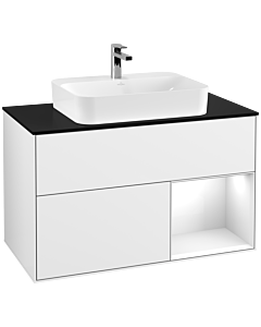 Villeroy und Boch Finion Waschtischunterschrank F372GFGF 100cm, Abdeckplatte black matt, Regal rechts Glossy white lacquer, Glossy white lacquer