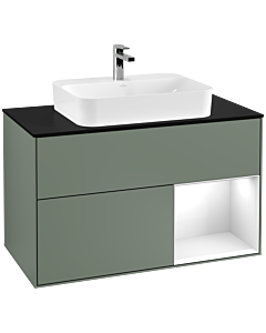Villeroy und Boch Finion Waschtischunterschrank F372GFGM 100cm, Abdeckplatte black matt, Regal rechts Glossy white lacquer, Olive Matt Lacquer