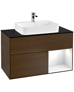 Villeroy und Boch Finion Villeroy und Boch Finion F372GFGN 100cm, cover plate black matt, shelf on the right Glossy white lacquer, walnut veneer