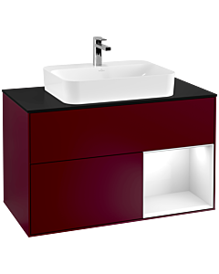 Villeroy und Boch Finion Waschtischunterschrank F372GFHB 100cm, Abdeckplatte black matt, Regal rechts Glossy white lacquer, Peony Matt