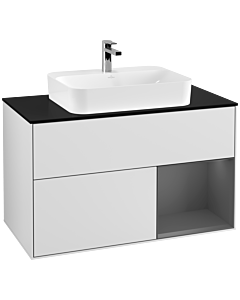 Villeroy und Boch Finion Waschtischunterschrank F372GKMT 100cm, Abdeckplatte black matt, Regal rechts Anthracite matt, White matt lacquer