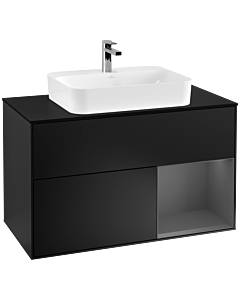 Villeroy und Boch Finion Waschtischunterschrank F372GKPD 100cm, Abdeckplatte black matt, Regal rechts Anthracite matt, Black matt lacquer
