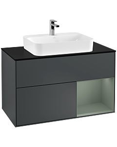 Villeroy und Boch Finion Waschtischunterschrank F372GMHG 100cm, Abdeckplatte black matt, Regal rechts Olive Matt Lacquer, Midnight Blue Matt Lacquer