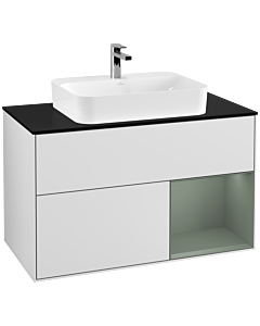 Villeroy und Boch Finion Waschtischunterschrank F372GMMT 100cm, Abdeckplatte black matt, Regal rechts Olive Matt Lacquer, White matt lacquer