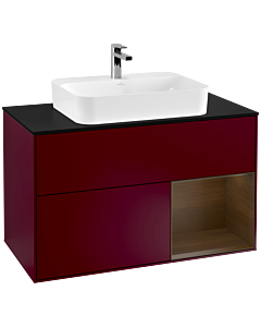 Villeroy und Boch Finion Waschtischunterschrank F372GNHB 100cm, Abdeckplatte black matt, Regal rechts Walnut veneer, Peony Matt